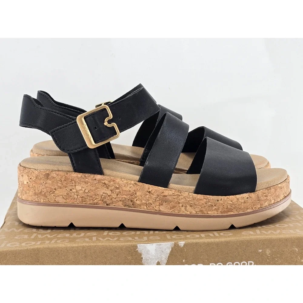 Dr. Scholl's Once Twice Sandals Womens 8 Black Strappy Cork Wedge -Excellent